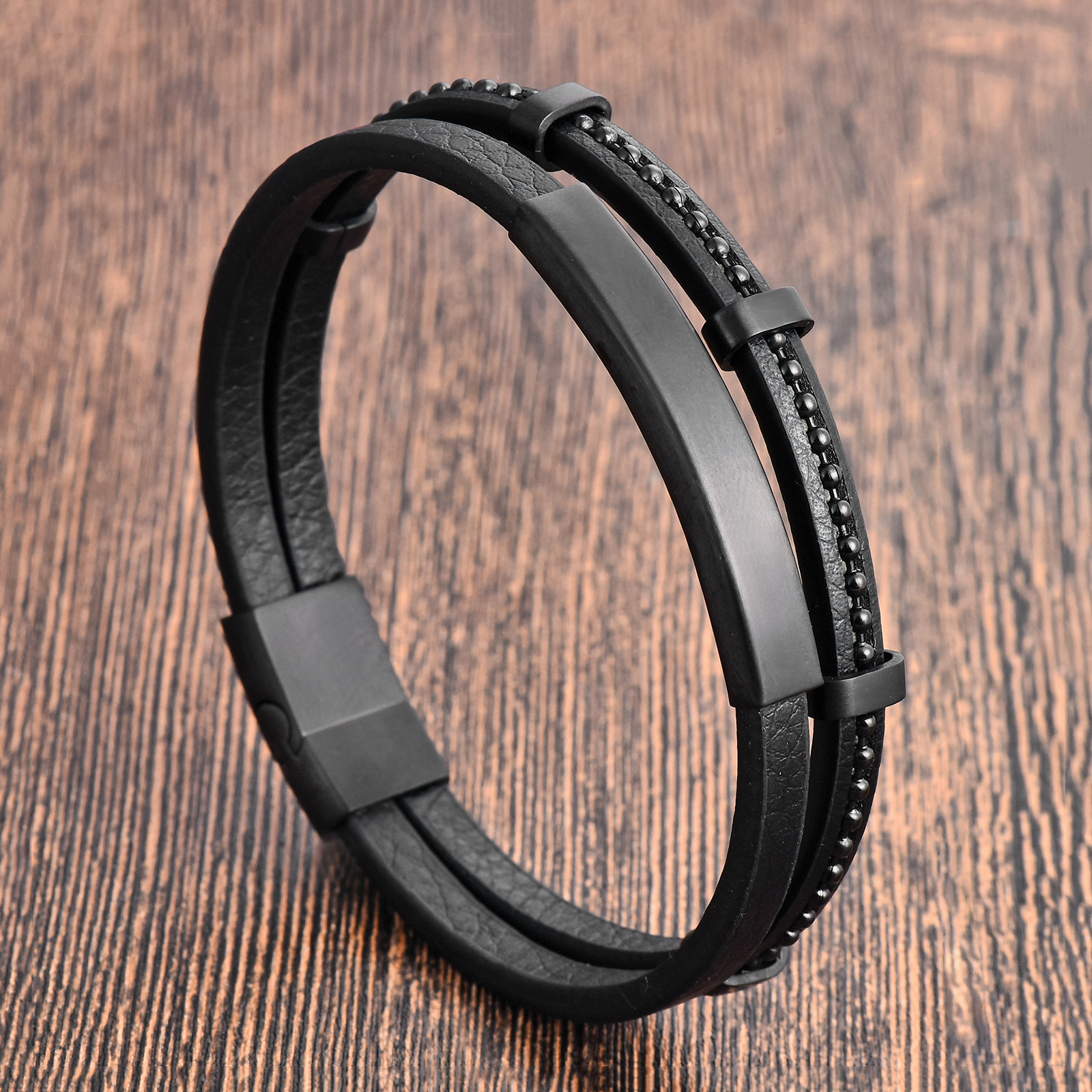 Cowhide Chain Material 1 Piece Quantity Simple Style 316L Stainless Steel Leather Solid Color Black Men Cord & Leather Bracelets