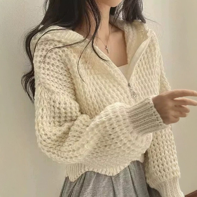 Cross-border foreign trade hooded sweater jacket, short style, 2026 spring and autumn new model, casual style, chunky knit, loose-fitting women's cardigan Cross-border foreign trade hooded sweater jacket, short style, 2026 spring and autumn new model, casual style, chunky knit, loose-fitting women's cardigan
