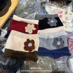 减龄立体花朵拼色针织帽子女秋冬新款韩版韩国甜美复古毛线帽批发