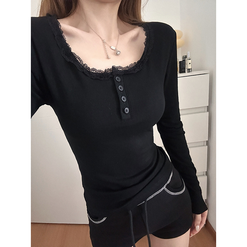 秋季新款绝美纯欲蕾丝花边显瘦打底衫女内搭长袖T恤正肩方领上衣|undefined