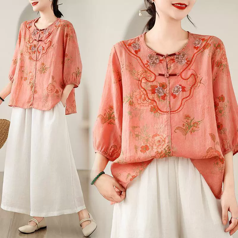 Оригинальная женская одежда для внешней торговли, новая хлопчатобумажная и льняная рубашка с короткими рукавами в китайском стиле с вышивкой, летняя льняная блузка на пуговицах с цветными блоками.