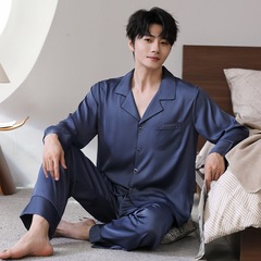 氷糸パジャマ男性秋の若い贅沢な長袖ズボンは、家庭服を着て刺繍してプレゼントすることができる