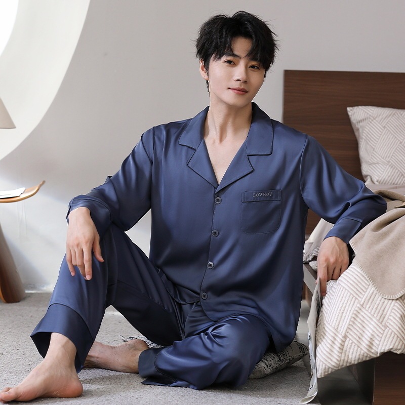 Ice Silk Pajamas Men's Autumn Mid-Youth Luxury Casual Long-Sleeved Trousers Can Wear Outfit Home Clothes Can Embroidered Gift Giving Ice Silk Pajamas Men's Autumn Mid-Youth Luxury Casual Long-Sleeved Trousers Can Wear Outfit Home Clothes Can Embroidered Gift Giving