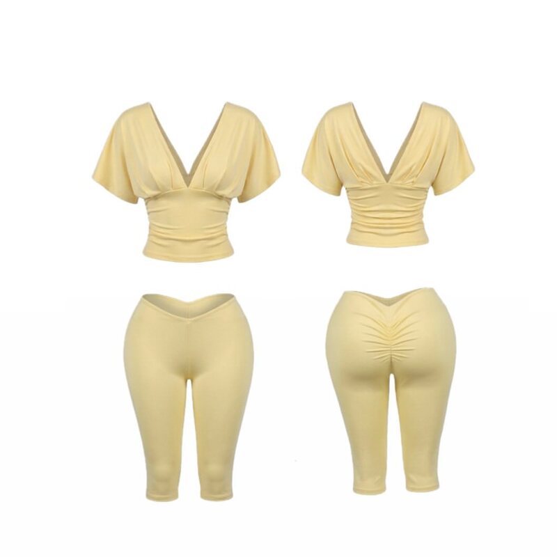 European and American style deep V batwing sleeve waist-cinching top and cropped tight pants two-piece set in yellow ribbed knit, casual outfit for trendy girls European and American style deep V batwing sleeve waist-cinching top and cropped tight pants two-piece set in yellow ribbed knit, casual outfit for trendy girls