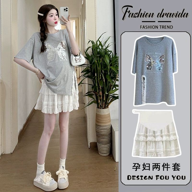 2024 костюм для беременных корейская сладкая футболка с короткими рукавами бант летняя пушистая юбка мода для беременных два комплекта
