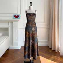 新中式国风水墨画吊带连衣裙法式复古时尚收腰显瘦气质长裙 68089