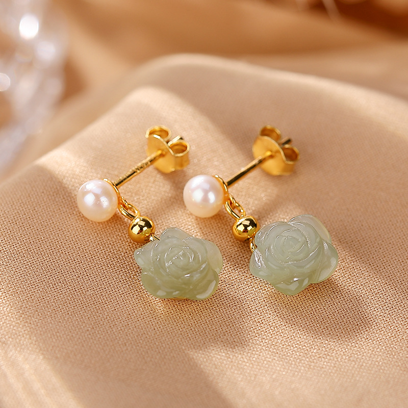 Bông tai bạc S925 mạ vàng đính ngọc trai và đá sapphire phong cách hoa hồng — Kiểu ngọc trai Sapphire