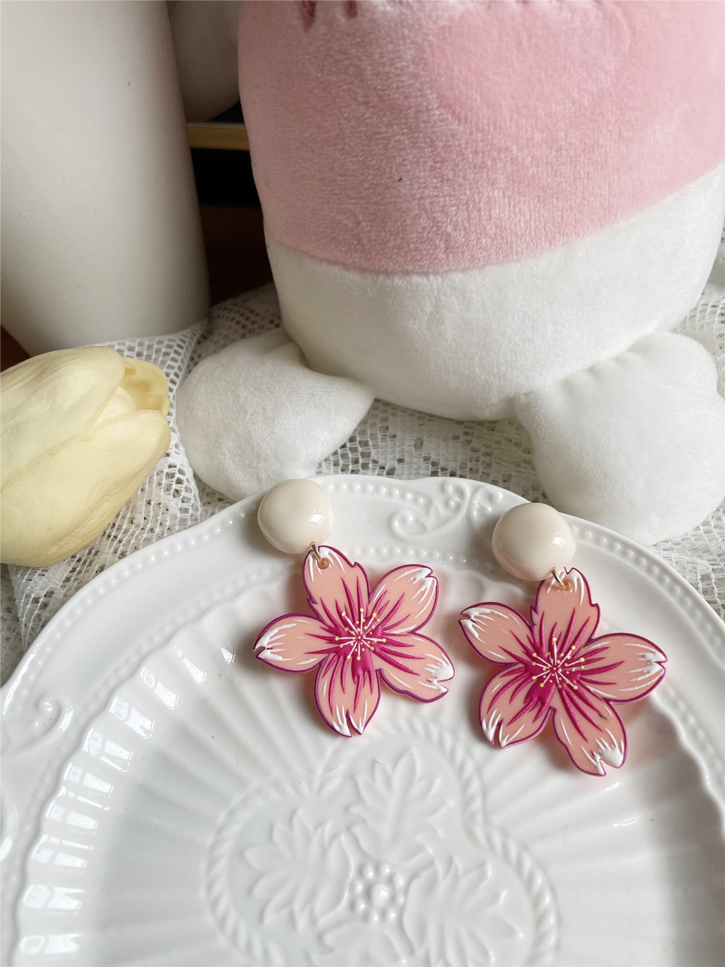 Peach Girl Heart Flower Earrings 1