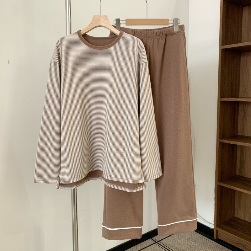 Men's Cashmere Striped Pajamas Autumn and Winter Fleece Warm Long-Sleeve Long Pants Loungewear Loose Casual Set