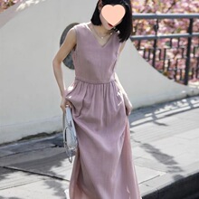 领夏季气质笑涵阁 自然韵麻 优雅紫罗兰莱赛尔无袖连衣裙紫色拉链