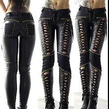 N 98242 Punk Lace-up Leather Pencil Pants 朋克绑带皮铅笔裤外