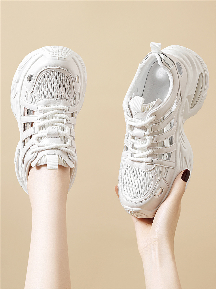 Giày sneaker nữ đế dày lưới thoáng khí phong cách thể thao gót 5 cm — 7234 bột sâm panh cao gót 5cm, 7234 gót trắng cao 5cm