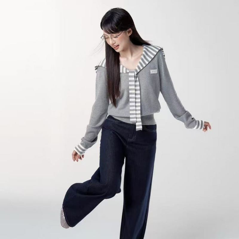 2025 Autumn Striped Navy Collar Lazy Style Knitted Sweater Round Neck Fashion Versatile Women's Casual