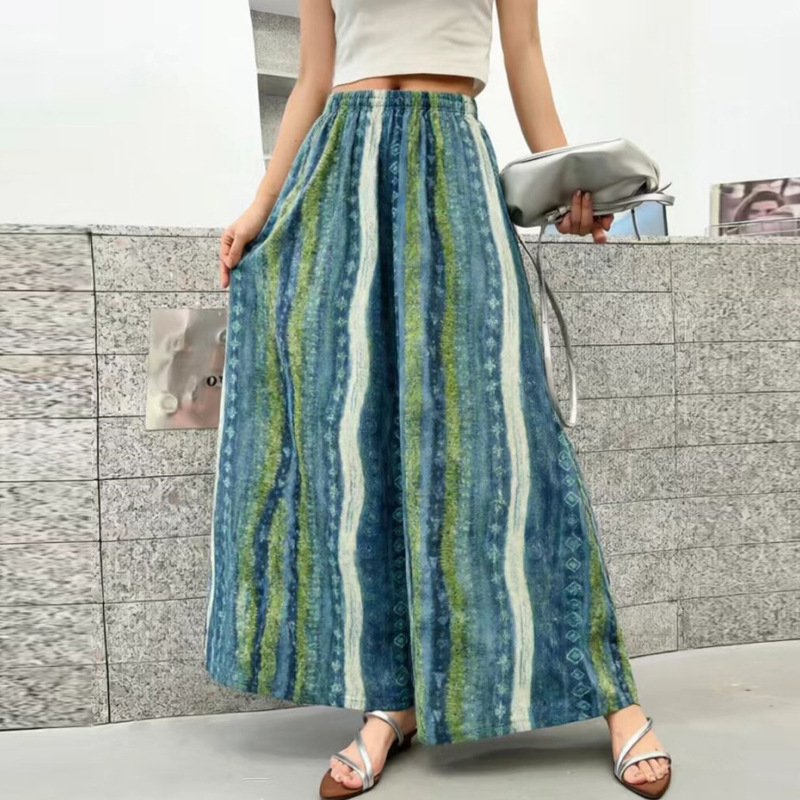 Cotton Wide-Leg Pants for Women, Summer New Thin Retro Style, Plus-Size Loose Casual Pants, Leopard Print High-Waisted Floral Pants, Cross-Border