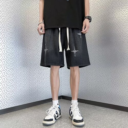 Pierced denim shorts, men's American retro high street vibe pants, summer quarter pants, straight loose casual mid-pants