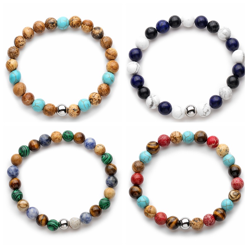 Pulsera de cuentas de hilo elástico de oro azul turquesa blanco para hombres y mujeres Pulsera de cuentas de piedra de ágata natural transfronteriza europea y americana