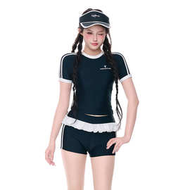 2026新款美式运动分体泳衣女黑色平角裤修身短袖学生温泉度假泳装