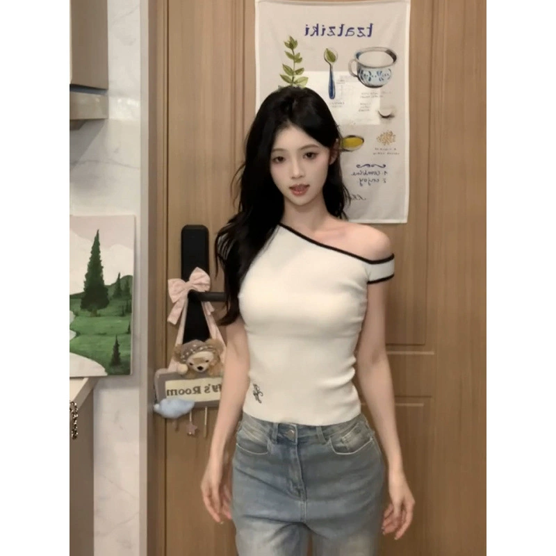 Модный дизайн, нишевая асимметричная женская футболка с открытыми плечами и короткими рукавами, летний модный облегающий топ