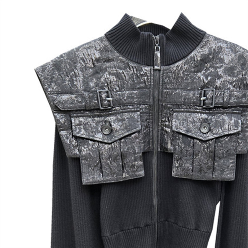 2025 otoño y invierno chaqueta de punto negro para mujeres nuevo diseño de color de contraste temperamento delgado nicho blusa de bolsillo de empalme