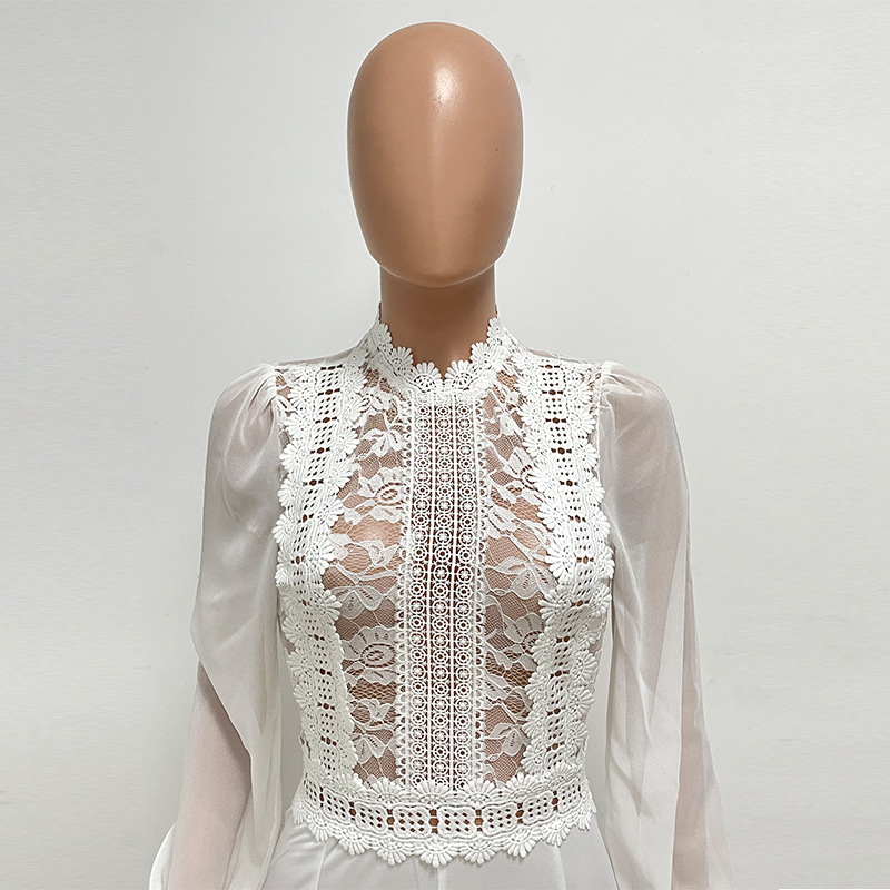 Kadın Giyim kadın yüksek yaka dantel tığ işi tulum moda düz renk şifon uzun kollu yüksek bel tulum_voghion.com