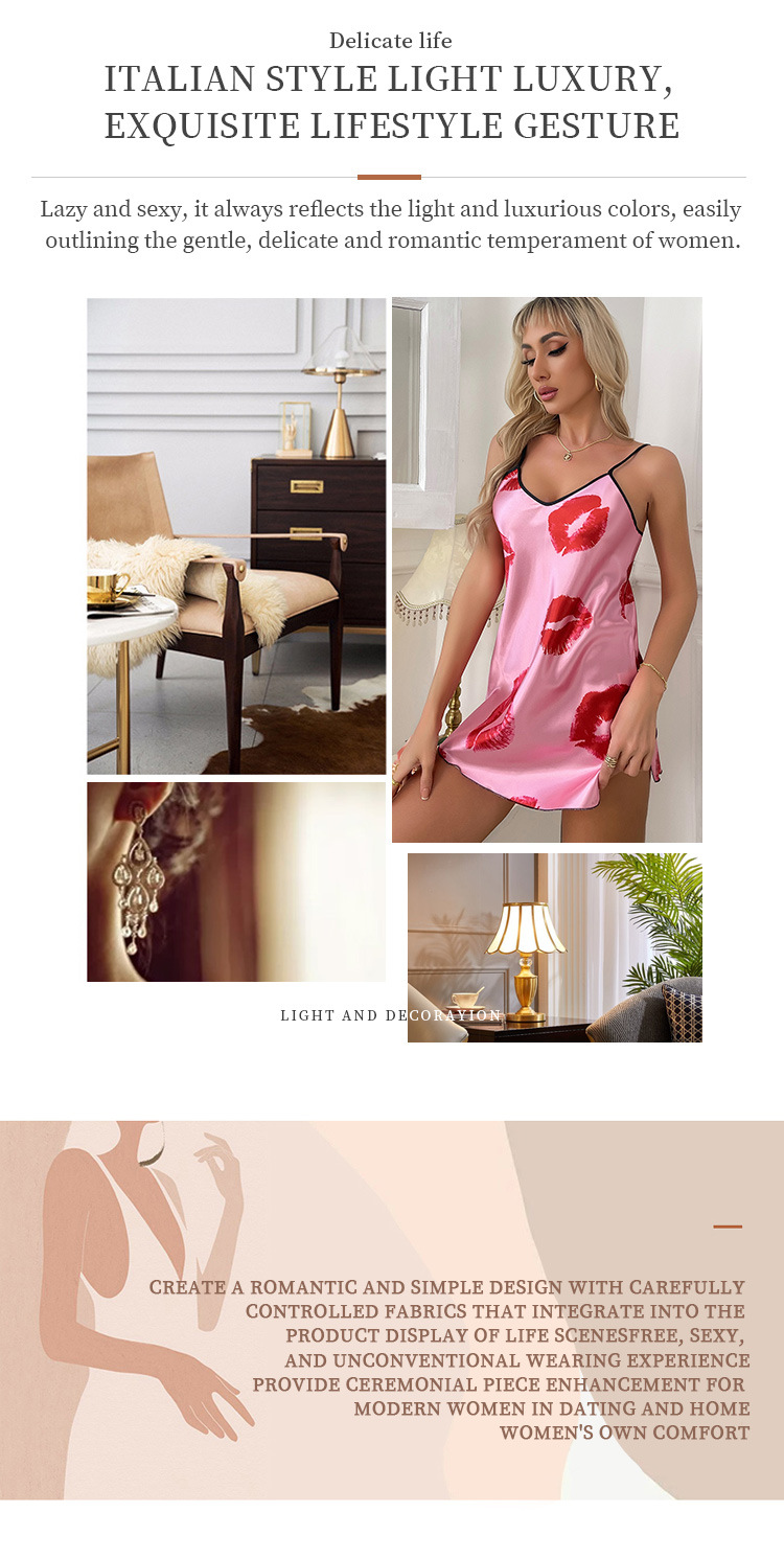 Sleeveless Sleeve Length Nightdress Lingerie Type Home Sexy Lips Heart Shape Imitated Silk Polyester Pajama Sets