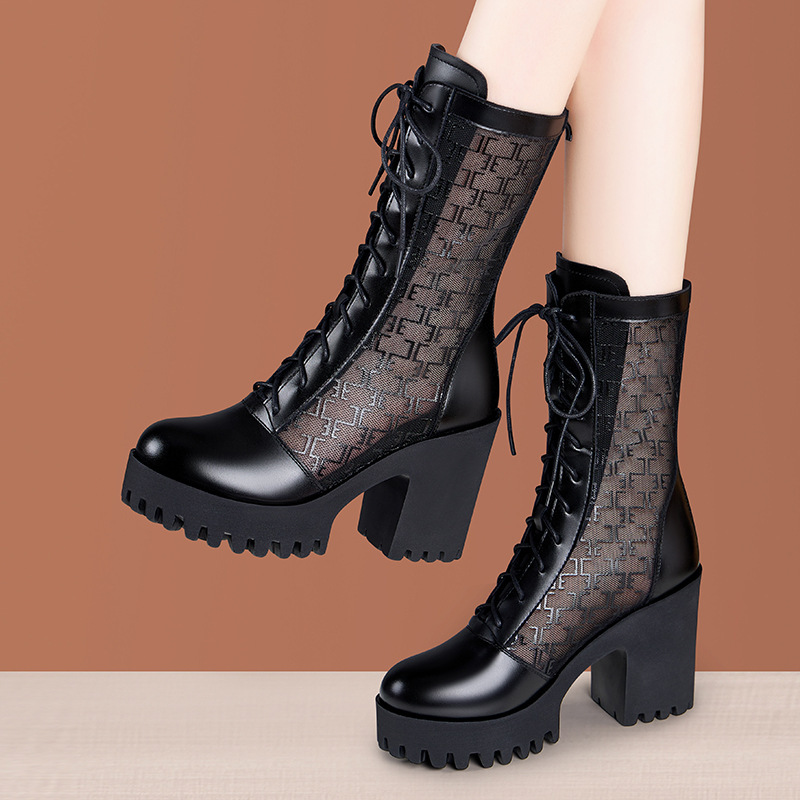 Genuine Leather Platform Thick Heel Thick Bottom Breathable Long Barrel Martin Boots Women's British Style Fashion High Heel Breathable Mesh Sandals Genuine Leather Platform Thick Heel Thick Bottom Breathable Long Barrel Martin Boots Women's British Style Fashion High Heel Breathable Mesh Sandals