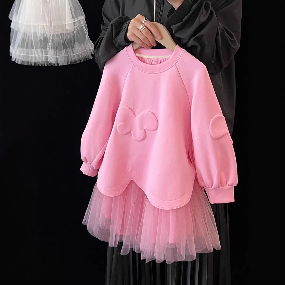 Vestido de niña 2025 primavera nuevo estilo para niños estilo francés diseño dulce sentido malla costura suéter falda vestido de princesa