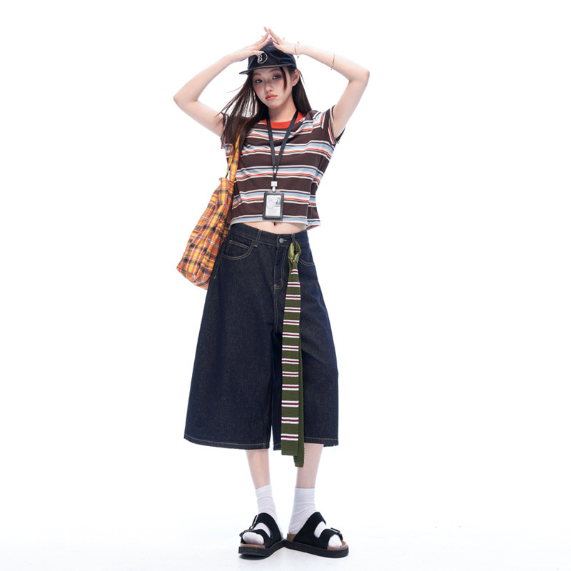 [Three Colors] American Retro High-Waisted Loose Wide-Leg Pants Spring/Summer Slimming Straight-Leg Cropped Jeans for Women Trendy