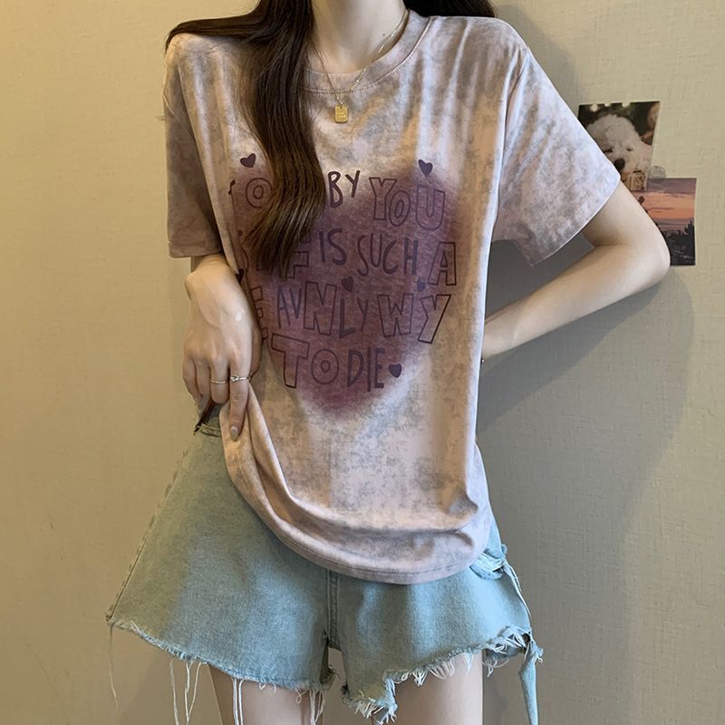 Camiseta de manga corta plisada con estampado de amor de talla grande para mujer 2024 verano nuevo estilo suelto y delgado top de mm para mujer