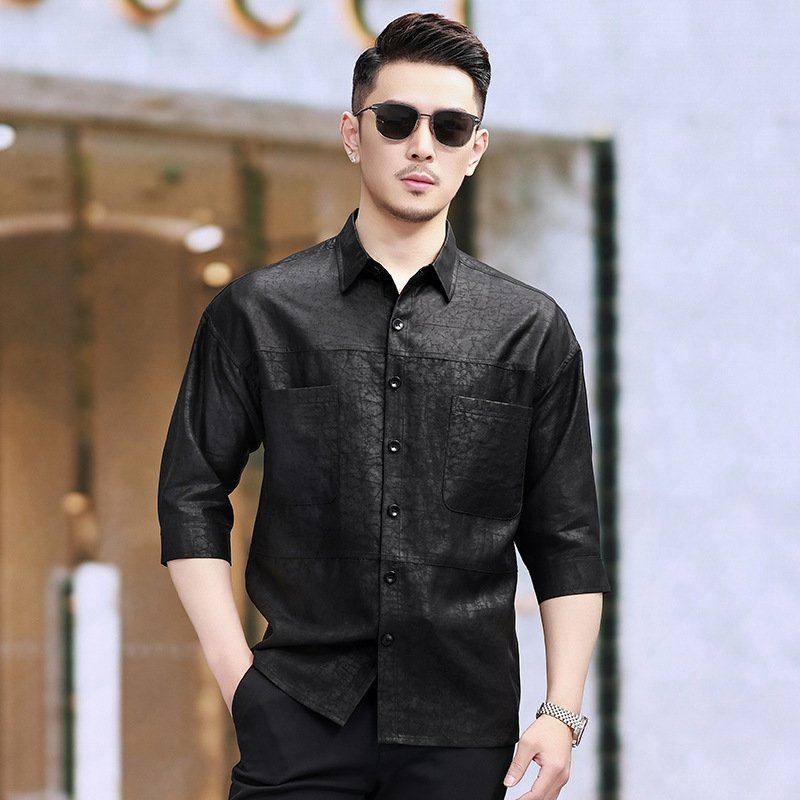 Xiangyun Yarn 100 Mulberry Silk Seven-Sleeve Shirt Men's Summer Black High-End Tortoise Pattern Mid-Sleeve Silk Pocket Shirt Xiangyun Yarn 100 Mulberry Silk Seven-Sleeve Shirt Men's Summer Black High-End Tortoise Pattern Mid-Sleeve Silk Pocket Shirt