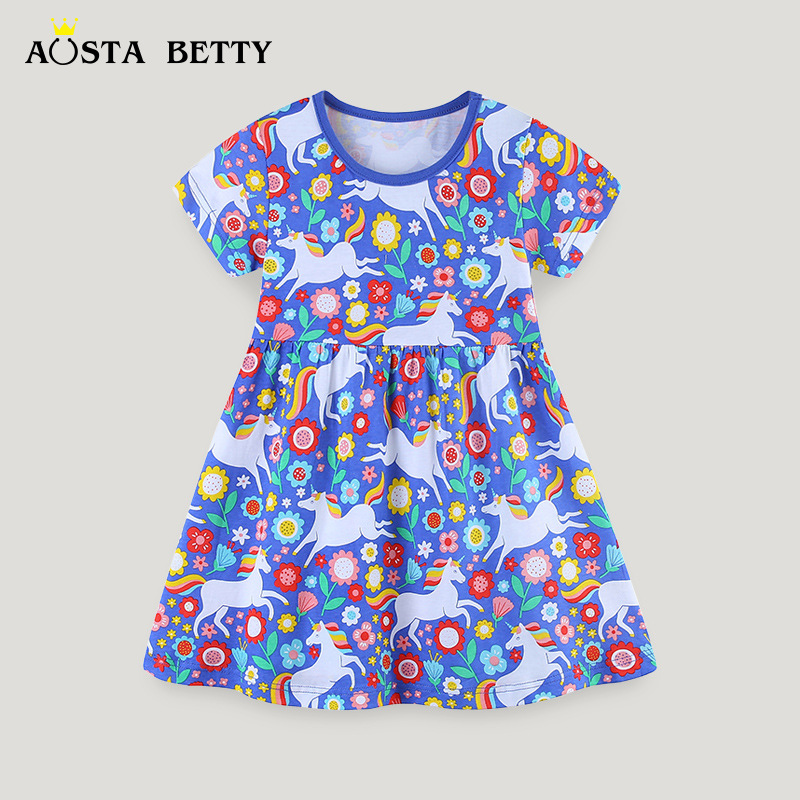 Kids Unicorn Floral Dress Blue Cotton Summer Wear