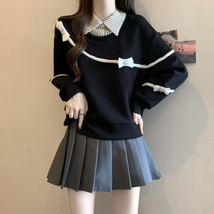 2024 New plus size Women's Fake Two-piece Korean Loose Design Sense Slim Age-reducing Sweaters Western Style All-match Top