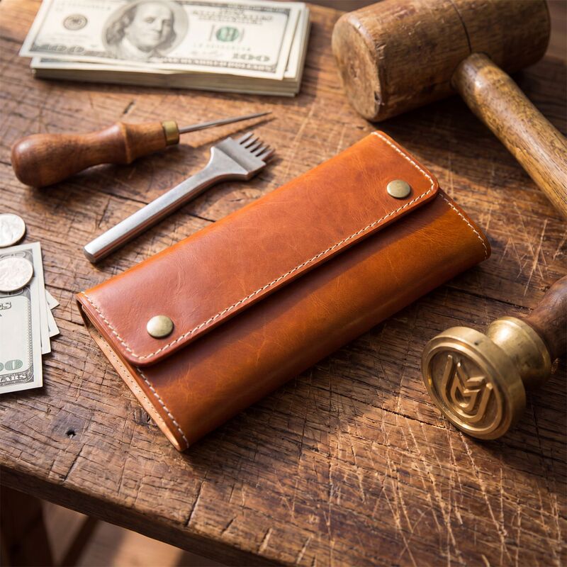 Handmade Italian Vegetable Tanned Leather Men's Long Wallet Genuine Leather Buckle Wallet Top Layer Cowhide Wallet Men's and Women's Handbags