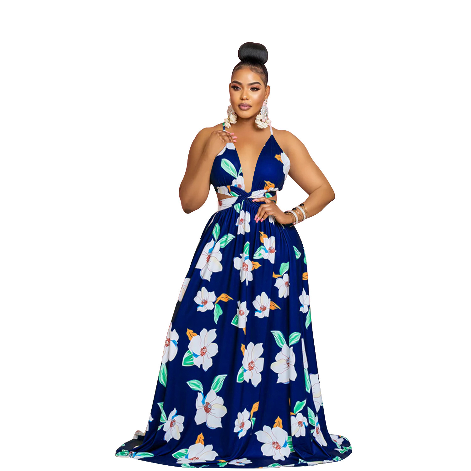 C6302 Aliexpress transfronterizo Amazon Europa y América de moda de mujer flor impresa sin mangas vestido largo