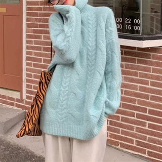 高领麻花毛衣女宽松外穿慵懒风韩版套头加厚针织衫显瘦百搭上衣女