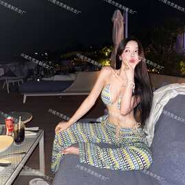 新款韩版复古辣妹撞色条纹分体泳衣女显瘦三件套bikini+沙滩长裤