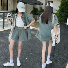 Women's Summer Short Sleeve Shirt Outerwear Set, Including Children's Summer Outfit Loose Jeans Shorts Two-Piece Set