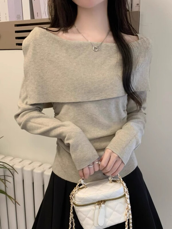 设计感一字肩翻领长袖针织衫女春秋内搭修身甜辣打底毛衣外穿上衣|undefined