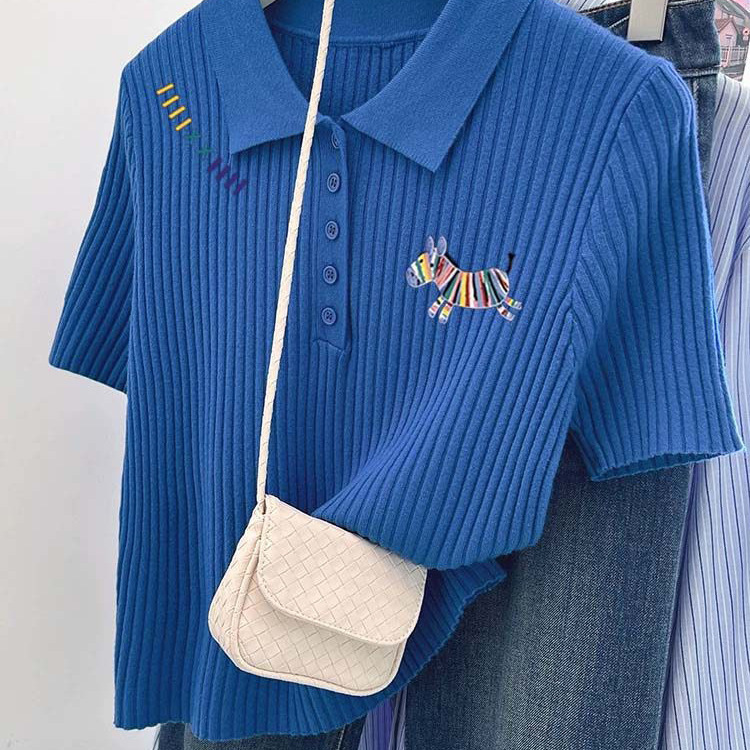 Klein Blue Short-Sleeve Knit Shirt with a Stylish Summer Look, Youthful Fashion, Polo Collar, Rainbow Pony Top for Women