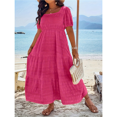 2025跨境新款 Curve Dresses 亮橙色优雅夏季连衣裙层叠中长款