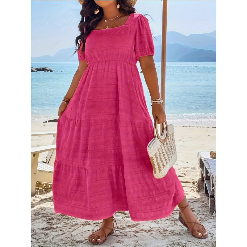 2025跨境新款 Curve Dresses 亮橙色优雅夏季连衣裙层叠中长款