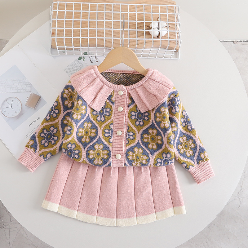 Robe pull longue pour filles, nouveau style jacquard d'automne et d'hiver, ensemble tricoté deux pièces, encolure inversée pour bébé fille_voghion.com