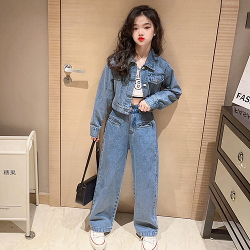 Girls' Autumn Denim Suit  New Style Big Kids' Korean-style Trendy Spring and Autumn Wide-leg Pants Two-piece Set