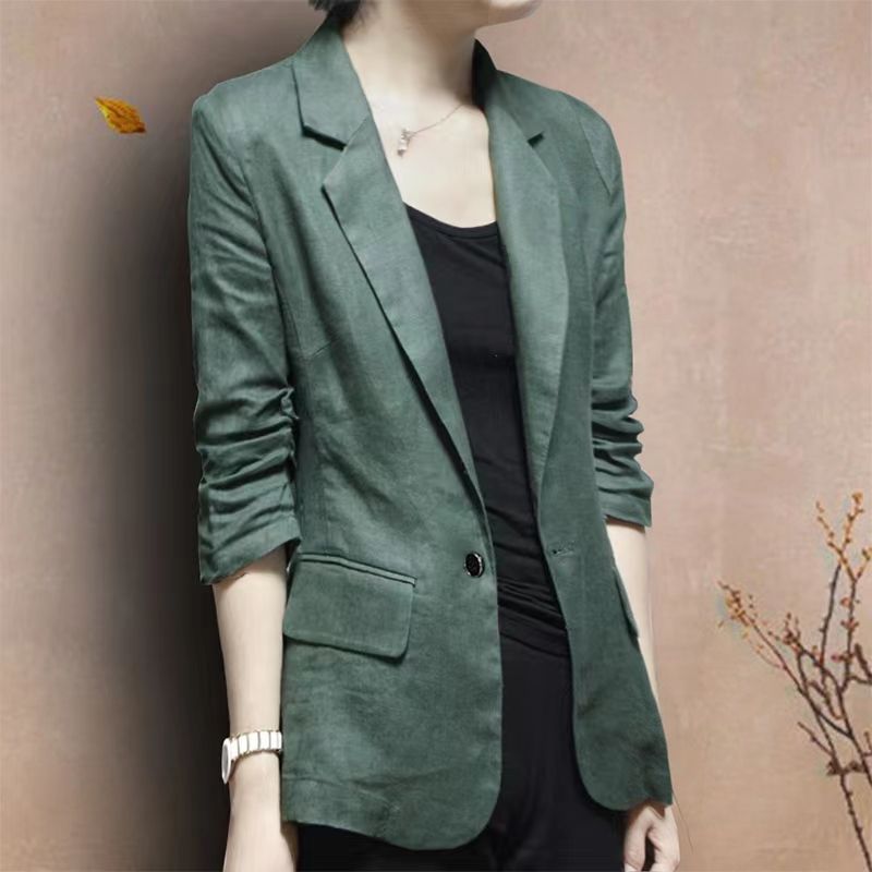 Spring and Autumn Cotton and Linen Blazer, New Thin Linen Women's Plus-Size Casual Slim-Fit Suit with Three-Quarter Sleeves