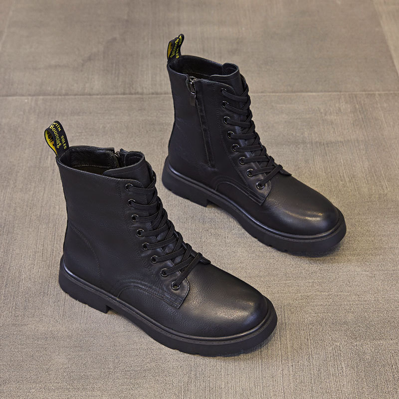 Cowhide Martin Boots for Women, British Style Boots, 2026 New Winter Model, Fleece-Lined and Thickened, Versatile Flat-Soled Large Size Short Boots, Size 41