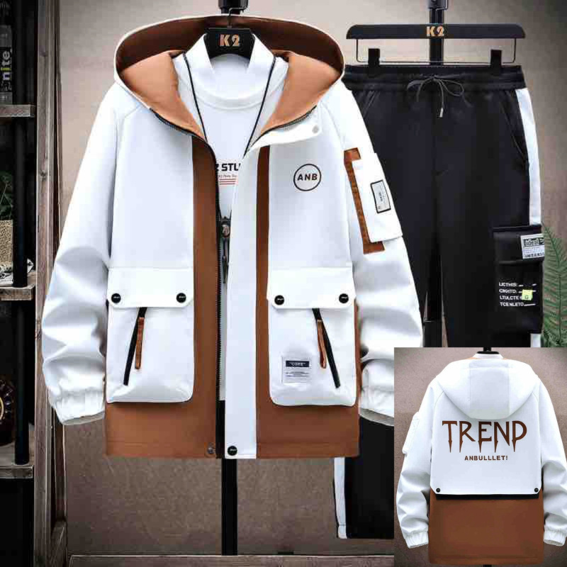 Shanlida Men's Jacket Autumn Style for Teenagers, Hooded Jacket, Trendy Loose Casual Color-Block Workwear with Fleece
