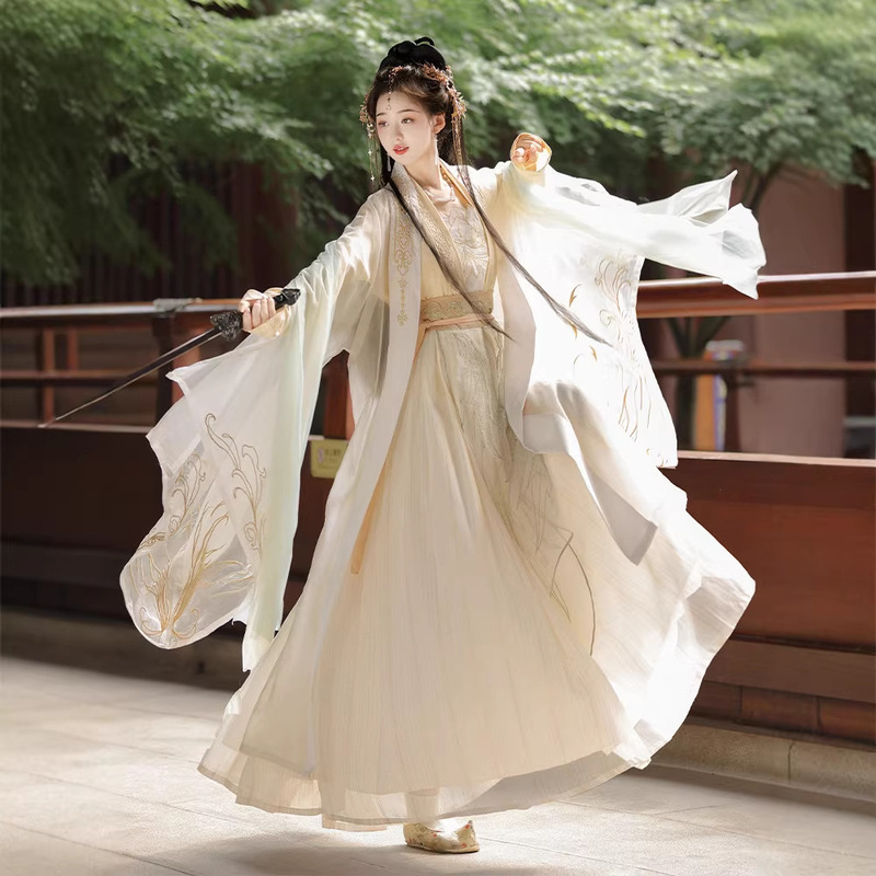 Original Song Dynasty-Style Hanfu for Women, Martial Arts-Inspired Ancient Costume, Ultra-Fairy Large-Sleeved Shirt, Waist-Length Skirt Set, Improved Daily Wear Version for Spring