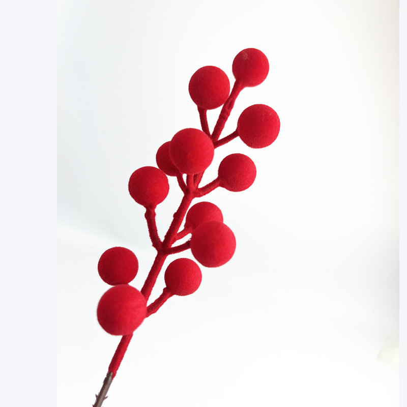 Ramas de Frutos Rojos Flocados de PVC para Decoración Navideña y Año Nuevo