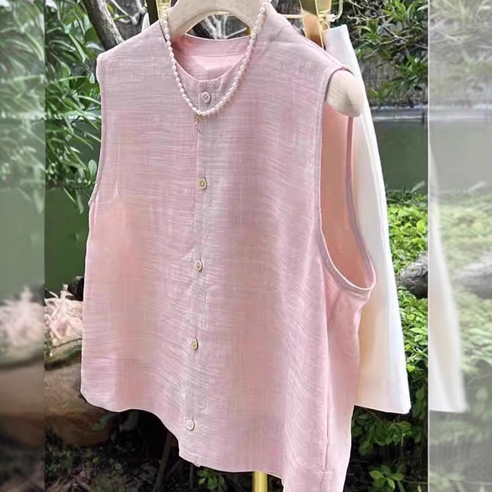 Imitation Linen Round Neck Pink Vest for Women Summer Design Loose Age-Reducing Sleeveless Cardigan Top