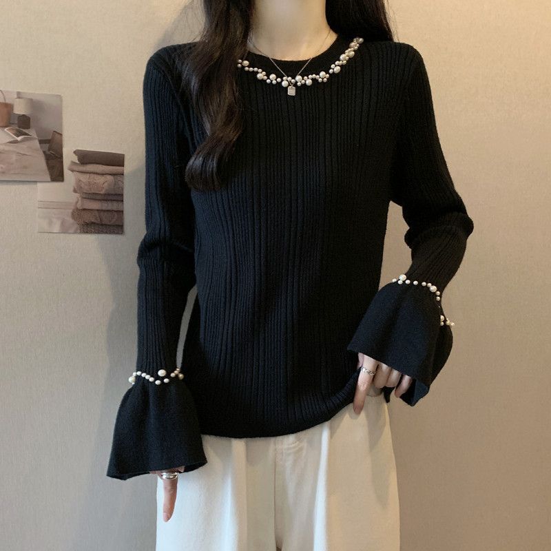法式钉珠黑色针织衫毛衣女秋冬新款大码胖mm内搭打底衫喇叭袖上衣